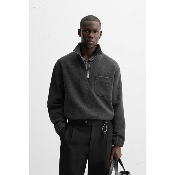 Zara Mens Sweatshirt Size S Dark Gray Fleece Quarter Zip Pullover 4081/479 NWOT - Picture 1 of 15